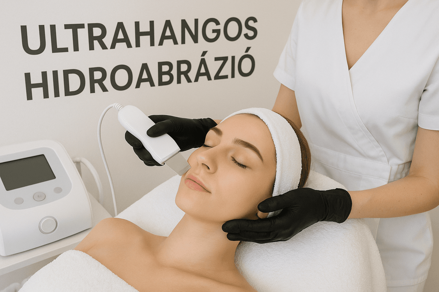 Ultrahangos hidroabráziós arckezelő képzés élő modellen, fekvő vendéggel.